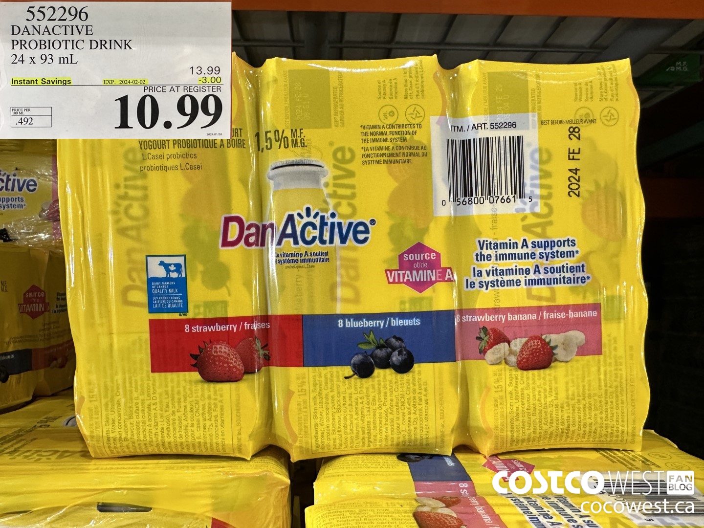 552296 DANACTIVE PROBIOTIC DRINK 24 x 93 mL ($3.00 INSTANT SAVINGS EXPIRES ON 2024-02-02) $10.99