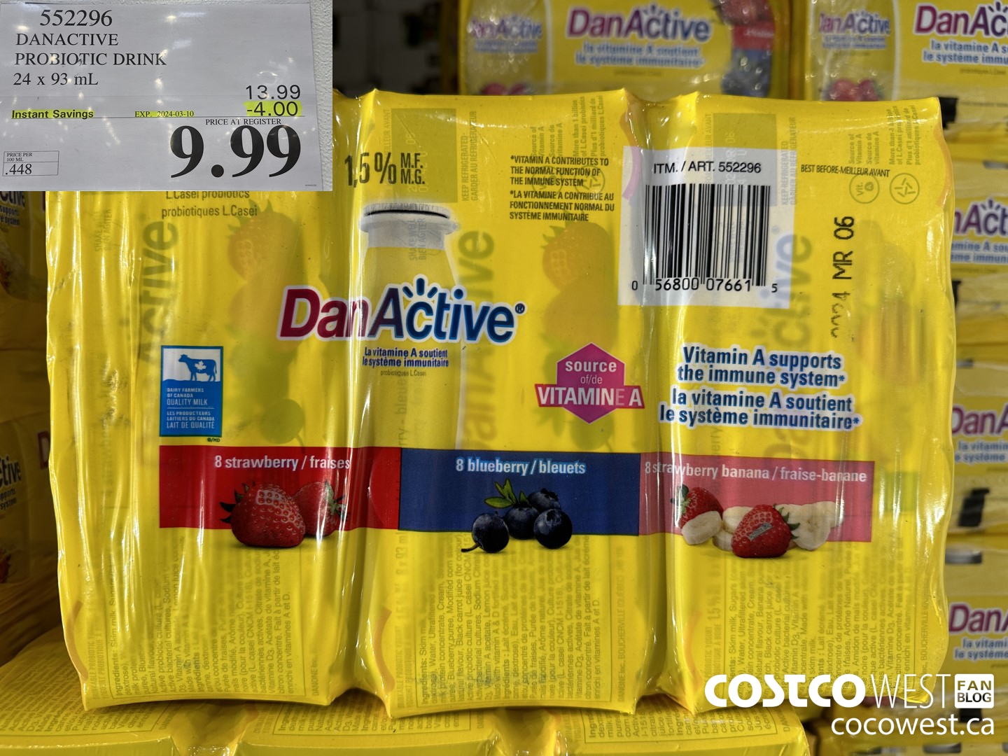 552296 DANACTIVE PROBIOTIC DRINK 24 x 93 mL ($4.00 INSTANT SAVINGS EXPIRES ON 2024-03-10) $9.99