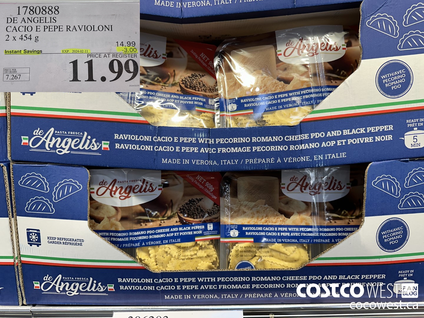 1780888 DE ANGELIS CACIO E PEPE RAVIOLONI 2 X 454 G ($3.00 INSTANT SAVINGS EXPIRES ON 2024-02-11) $11.99