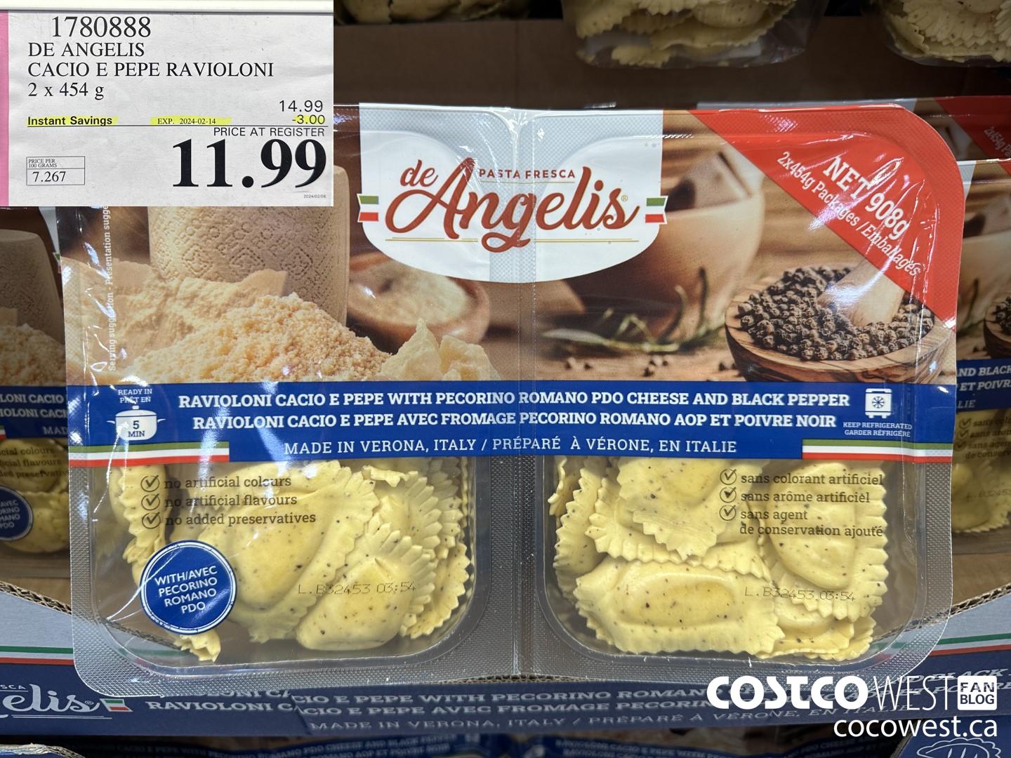 1780888 DE ANGELIS CACIO E PEPE RAVIOLONI 2 X 454 G ($3.00 INSTANT SAVINGS EXPIRES ON 2024-02-14) $11.99