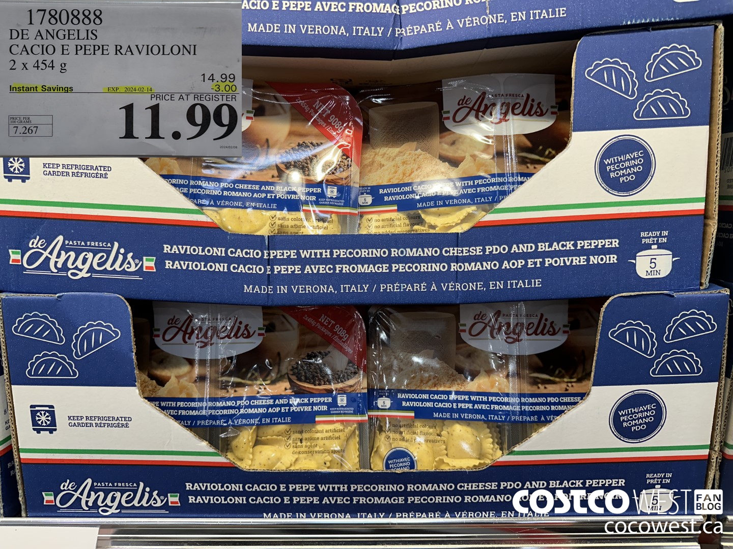 1780888 DE ANGELIS CACIO E PEPE RAVIOLONI 2 X 454 G ($3.00 INSTANT SAVINGS EXPIRES ON 2024-02-14) $11.99