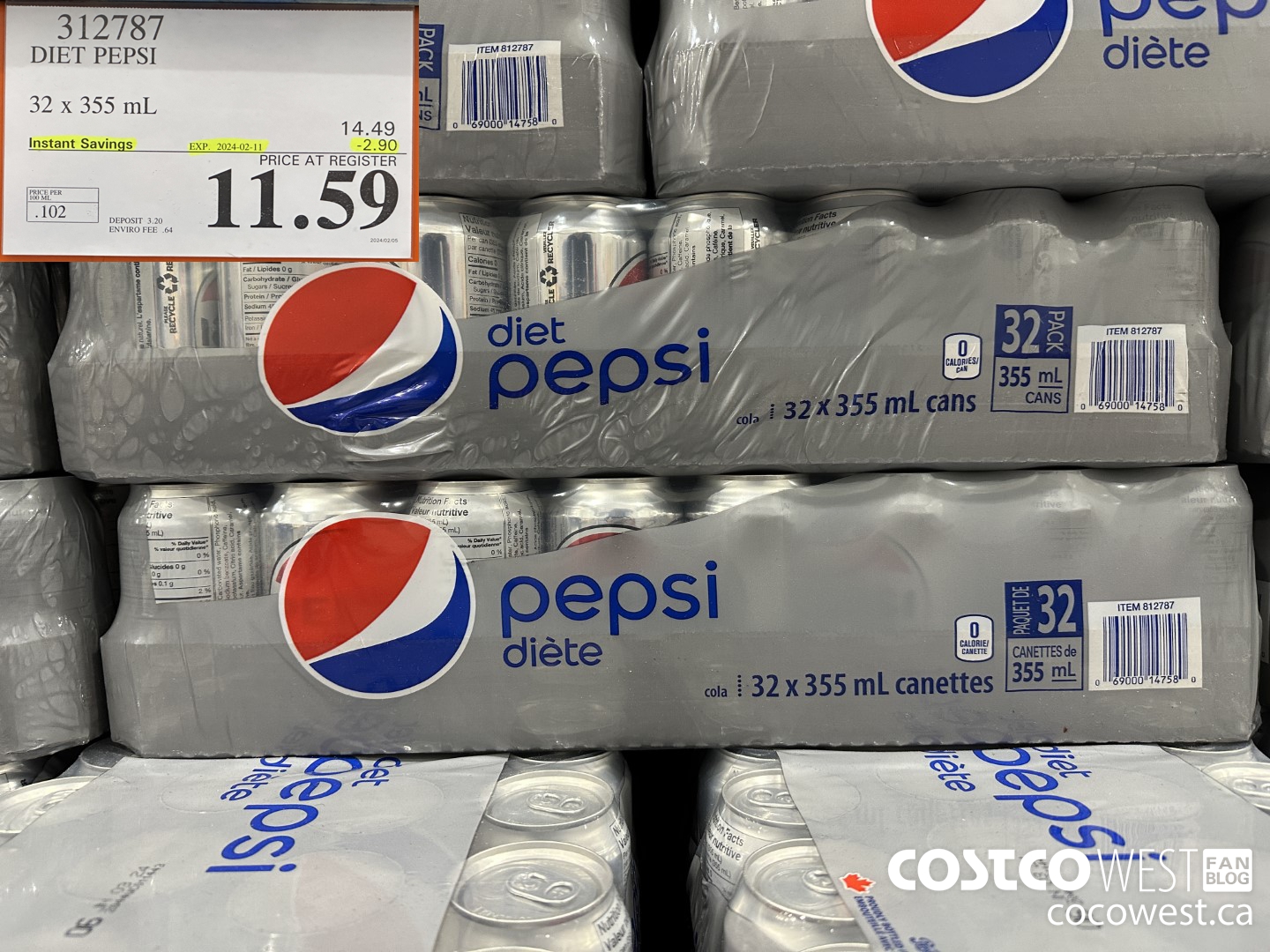 312787 DIET PEPSI 32 X 355 ML ($2.90 INSTANT SAVINGS EXPIRES ON 2024-02-11) $11.59