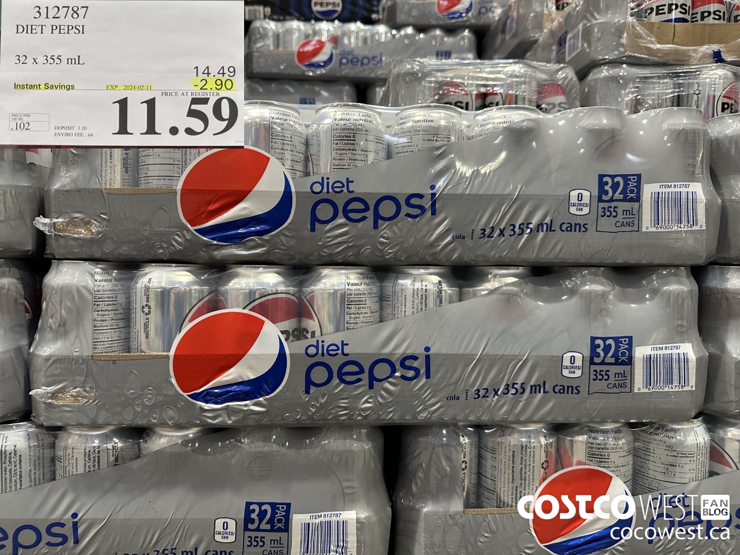 312787 DIET PEPSI 32 X 355 ML ($2.90 INSTANT SAVINGS EXPIRES ON 2024-02-11) $11.59