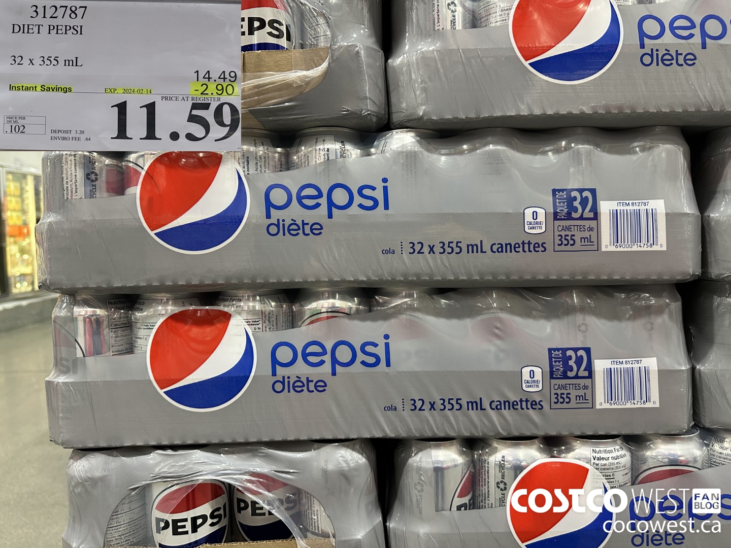 312787 DIET PEPSI 32 X 355 ML ($2.90 INSTANT SAVINGS EXPIRES ON 2024-02-14) $11.59