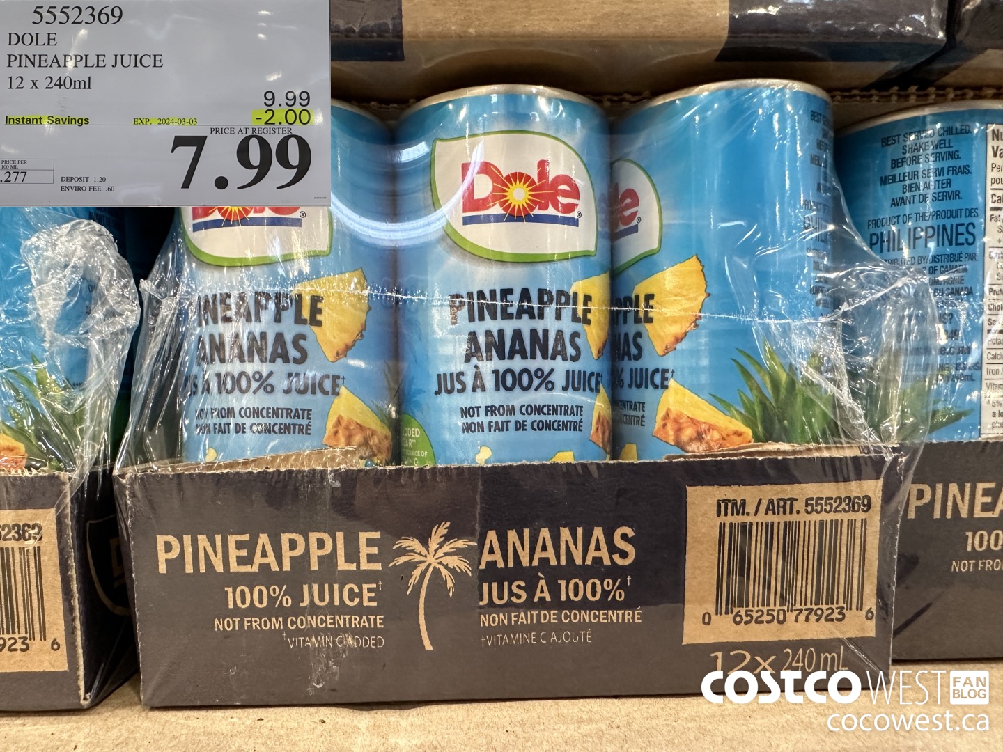 5552369 DOLE PINEAPPLE JUICE 12 X 240 ML ($2.00 INSTANT SAVINGS EXPIRES ON 2024-03-03) $7.99