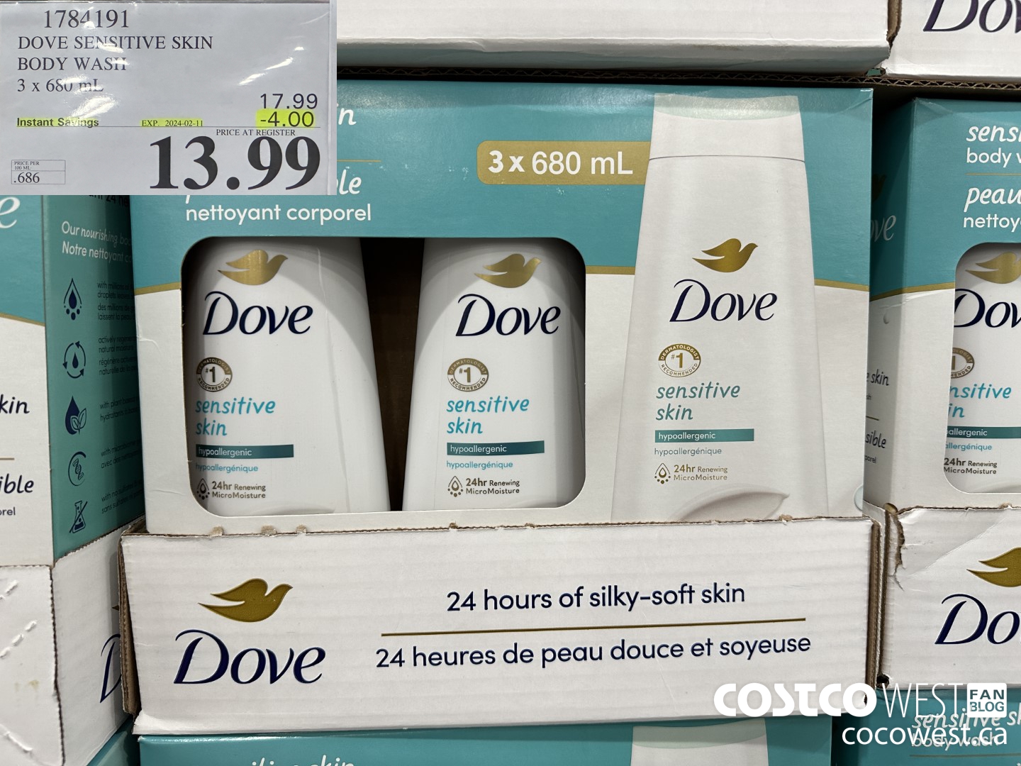 1784191 DOVE SENSITIVE SKIN BODY WASH 3 X 680 ML ($4.00 INSTANT SAVINGS EXPIRES ON 2024-02-11) $13.99