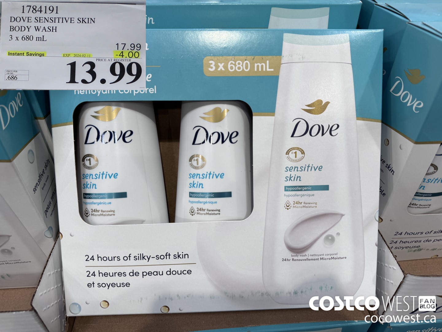 1784191 DOVE SENSITIVE SKIN BODY WASH 3 X 680 ML ($4.00 INSTANT SAVINGS EXPIRES ON 2024-02-11) $13.99