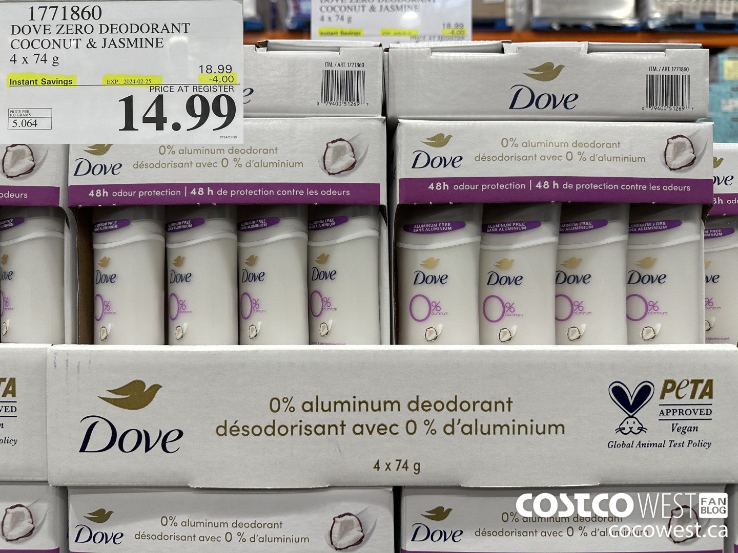 1771860 DOVE ZERO DEODORANT COCONUT & JASMINE 4 X 74G ($4.00 INSTANT SAVINGS EXPIRES ON 2024-02-25) $14.99