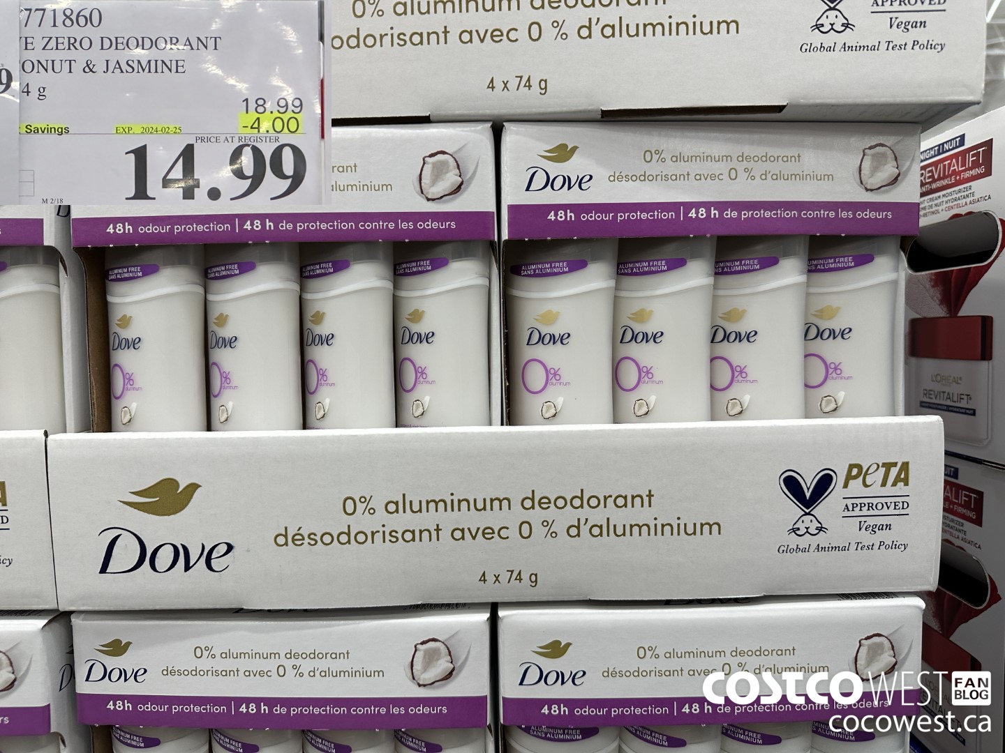 1771860 DOVE ZERO DEODORANT COCONUT & JASMINE 4 X 74G ($4.00 INSTANT SAVINGS EXPIRES ON 2024-02-25) $14.99