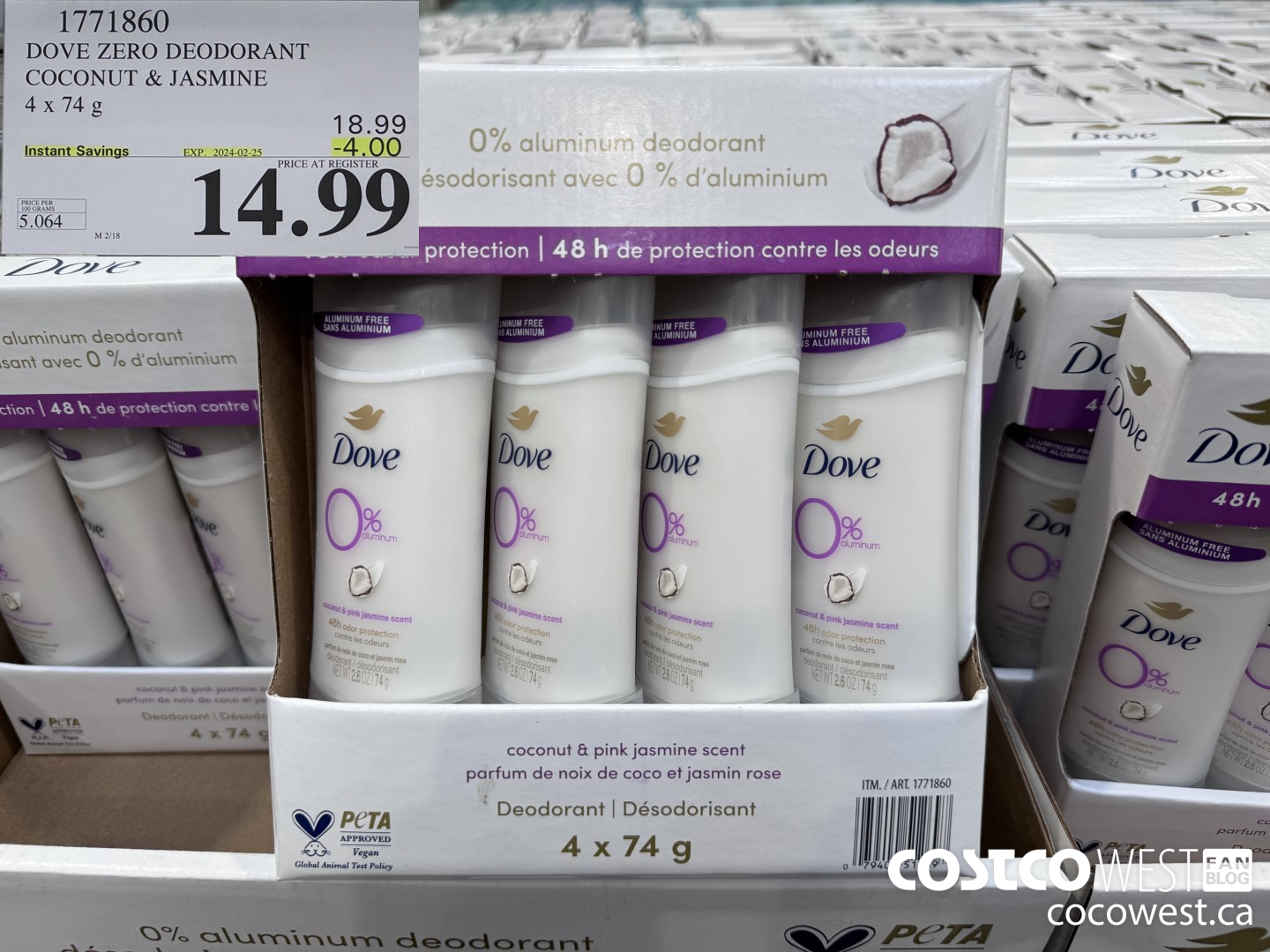 1771860 DOVE ZERO DEODORANT COCONUT & JASMINE 4 X 74G ($4.00 INSTANT SAVINGS EXPIRES ON 2024-02-25) $14.99