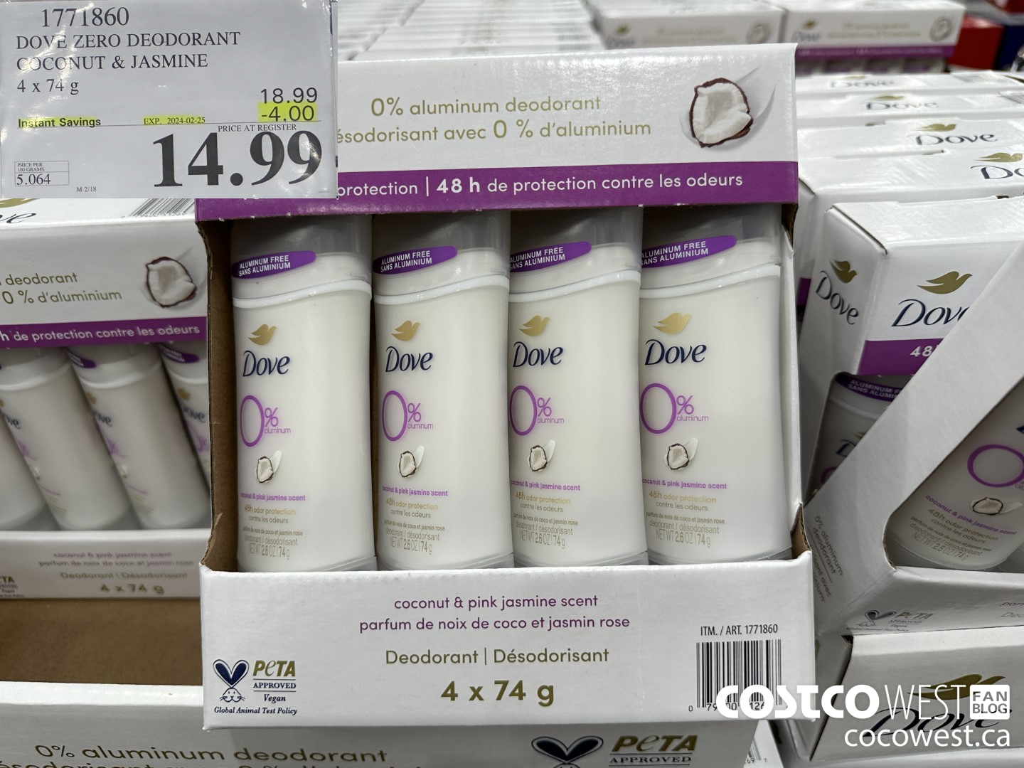 1771860 DOVE ZERO DEODORANT COCONUT & JASMINE 4 X 74G ($4.00 INSTANT SAVINGS EXPIRES ON 2024-02-25) $14.99