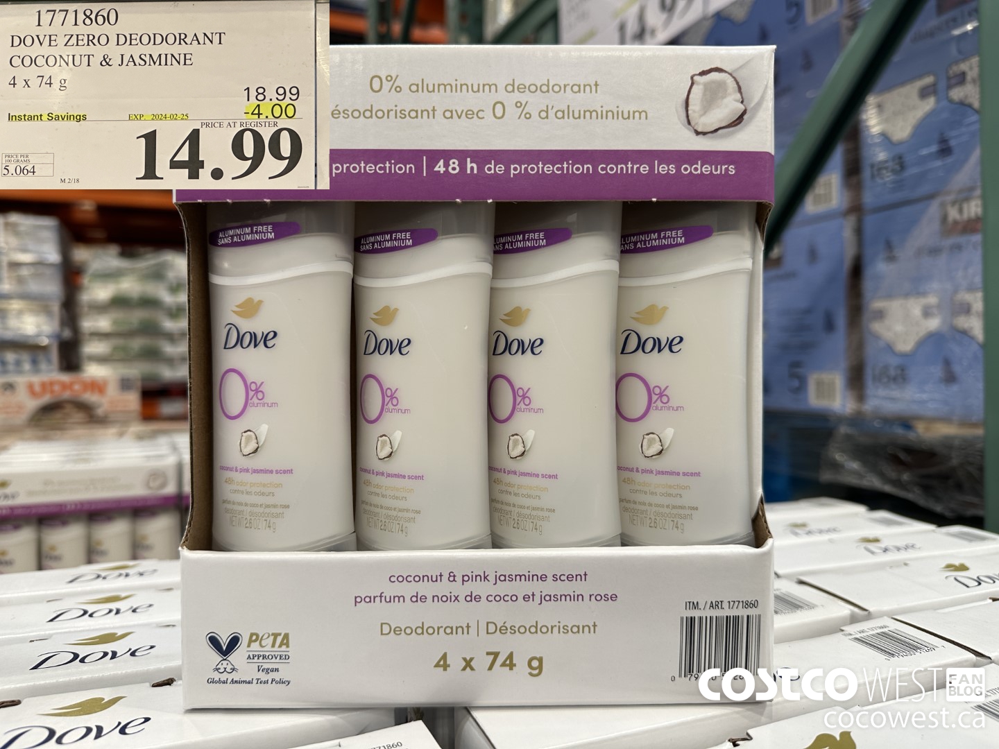 1771860 DOVE ZERO DEODORANT COCONUT & JASMINE 4 X 74G ($4.00 INSTANT SAVINGS EXPIRES ON 2024-02-25) $14.99