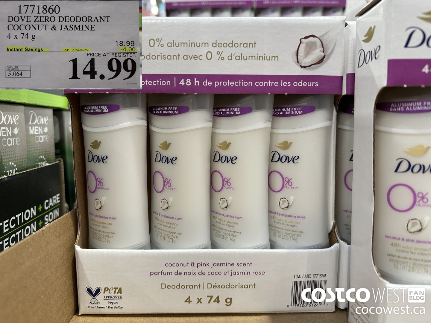 1771860 DOVE ZERO DEODORANT COCONUT & JASMINE 4 X 74G ($4.00 INSTANT SAVINGS EXPIRES ON 2024-02-25) $14.99