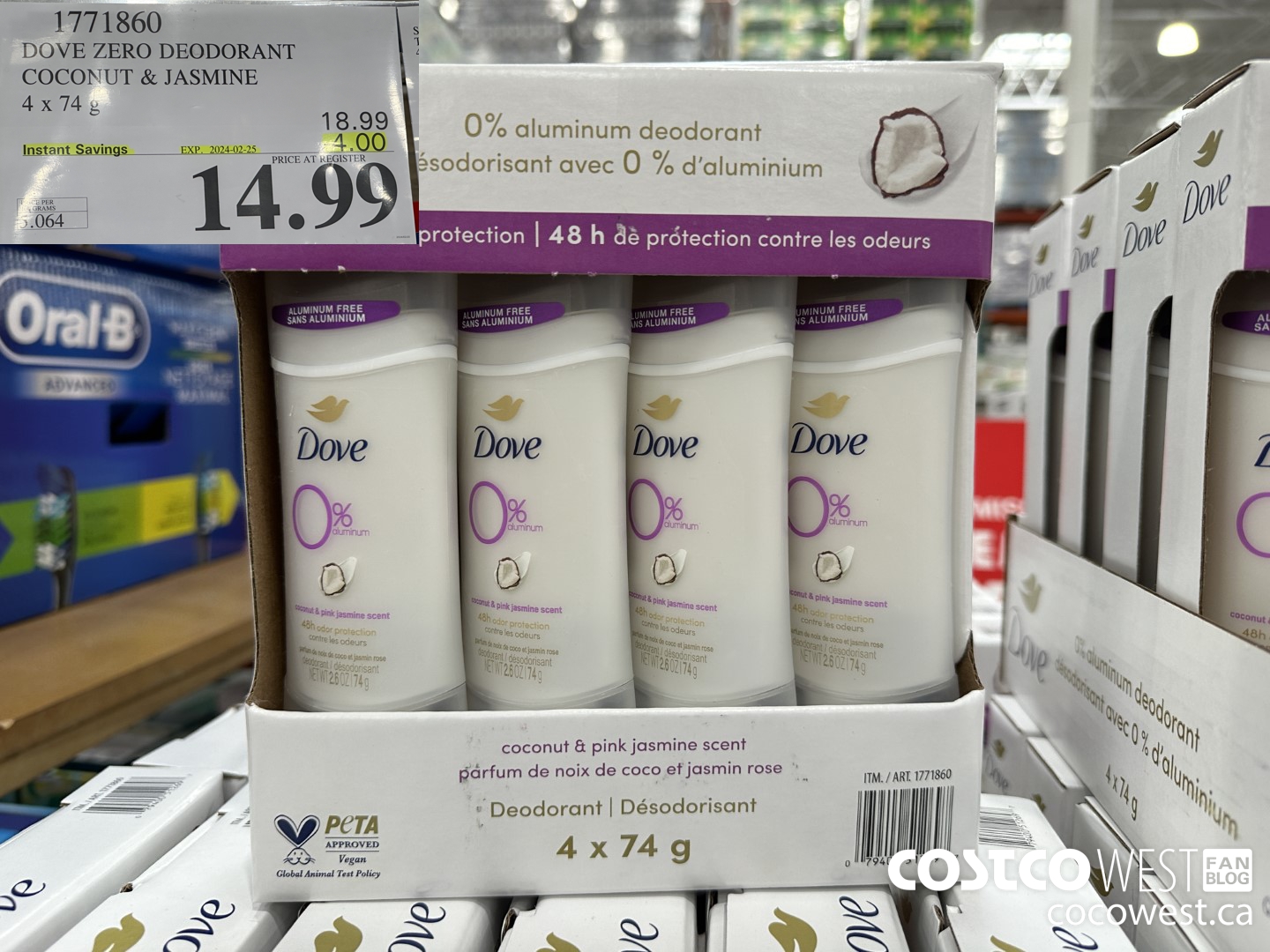 1771860 DOVE ZERO DEODORANT COCONUT & JASMINE 4 X 74G ($4.00 INSTANT SAVINGS EXPIRES ON 2024-02-25) $14.99