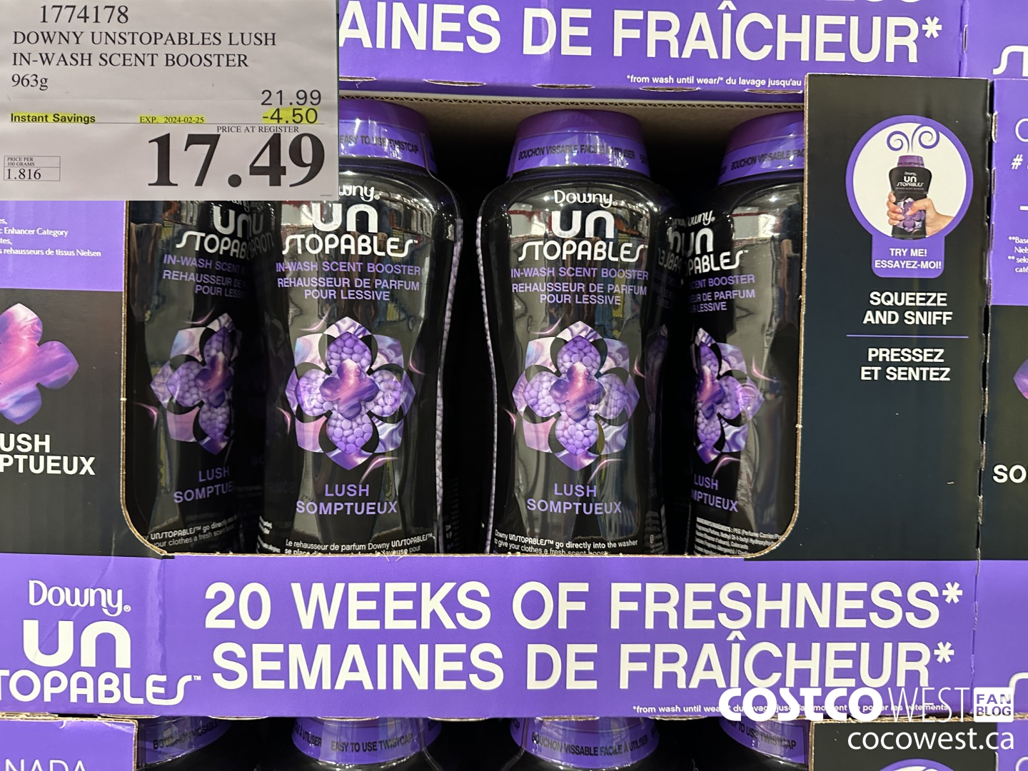 1774178 DOWNY UNSTOPABLES LUSH IN-WASH SCENT BOOSTER 963G ($4.50 INSTANT SAVINGS EXPIRES ON 2024-02-25) $17.49