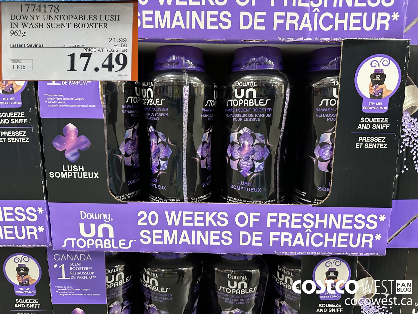 1774178 DOWNY UNSTOPABLES LUSH IN-WASH SCENT BOOSTER 963G ($4.50 INSTANT SAVINGS EXPIRES ON 2024-02-25) $17.49