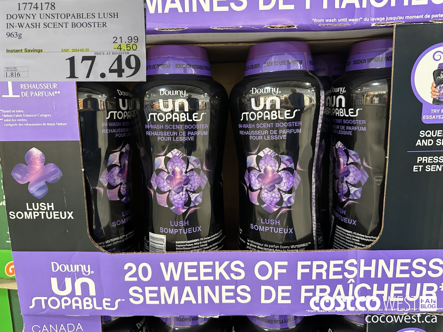 1774178 DOWNY UNSTOPABLES LUSH IN-WASH SCENT BOOSTER 963G ($4.50 INSTANT SAVINGS EXPIRES ON 2024-02-25) $17.49