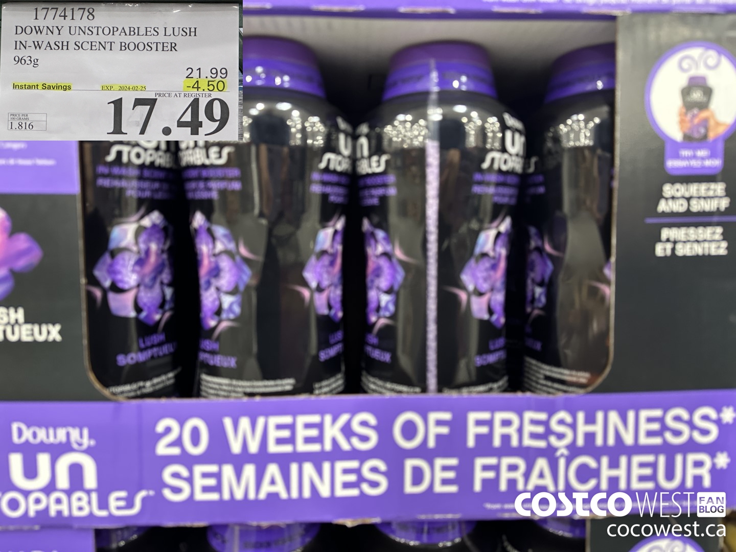 1774178 DOWNY UNSTOPABLES LUSH IN-WASH SCENT BOOSTER 963G ($4.50 INSTANT SAVINGS EXPIRES ON 2024-02-25) $17.49