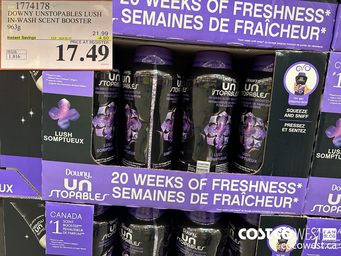 1774178 DOWNY UNSTOPABLES LUSH IN-WASH SCENT BOOSTER 963G ($4.50 INSTANT SAVINGS EXPIRES ON 2024-02-25) $17.49