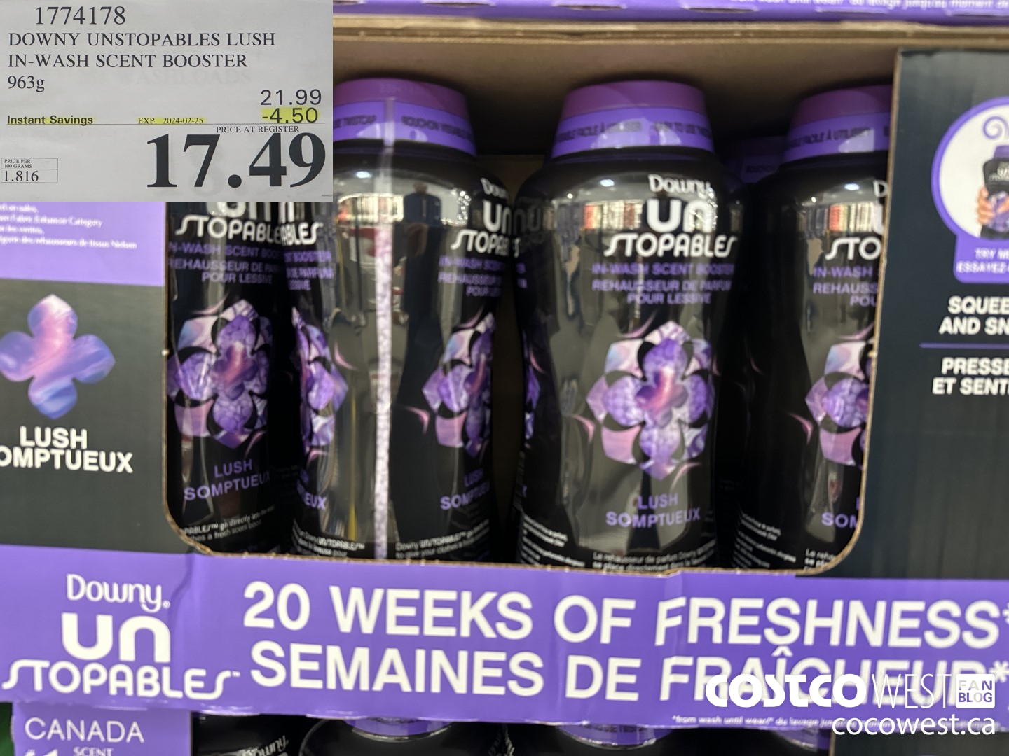 1774178 DOWNY UNSTOPABLES LUSH IN-WASH SCENT BOOSTER 963G ($4.50 INSTANT SAVINGS EXPIRES ON 2024-02-25) $17.49