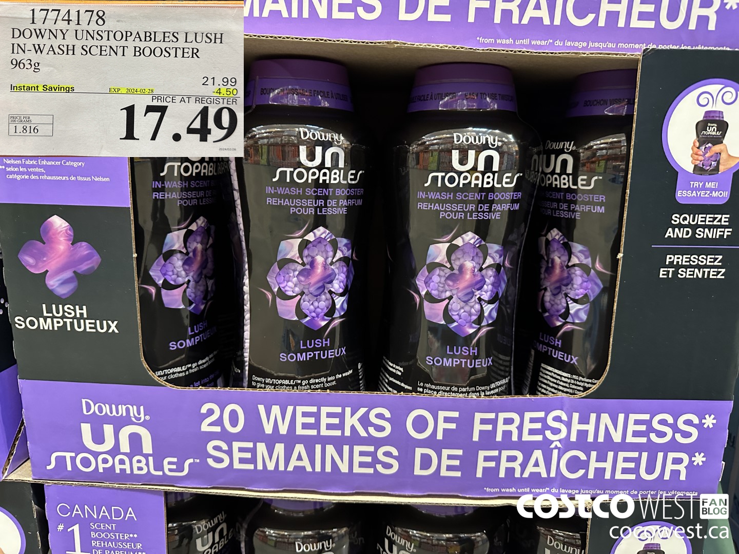 1774178 DOWNY UNSTOPABLES LUSH IN-WASH SCENT BOOSTER 963G ($4.50 INSTANT SAVINGS EXPIRES ON 2024-02-28) $17.49