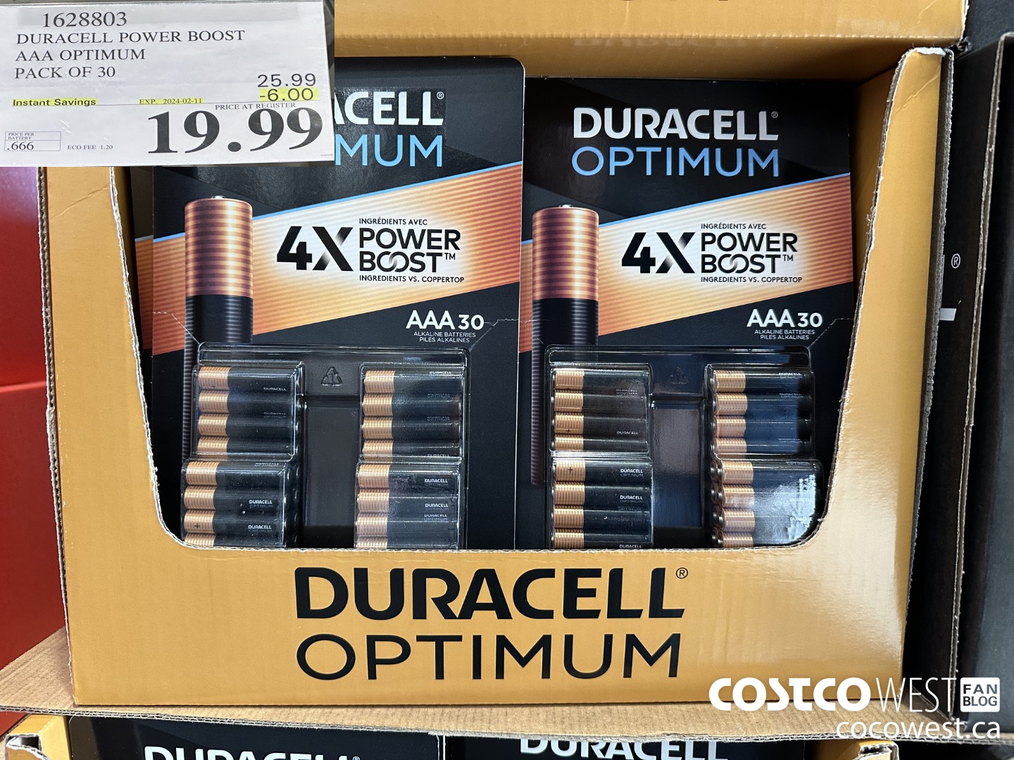 1628803 DURACELL POWER BOOST AAA OPTIMUM PACK OF 30 ($6.00 INSTANT SAVINGS EXPIRES ON 2024-02-11) $19.99