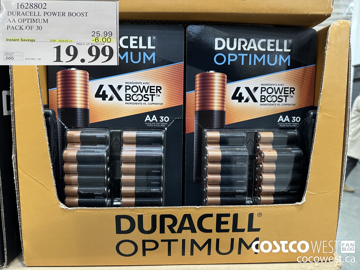 1628802 DURACELL POWER BOOST AA OPTIMUM PACK OF 30 ($6.00 INSTANT SAVINGS EXPIRES ON 2024-02-11) $19.99