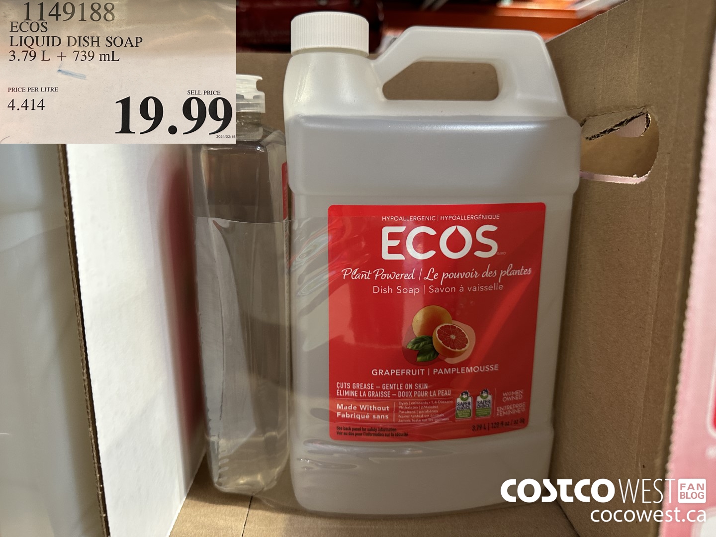 1149188 ECOS LIQUID DISH SOAP 3.79 L + 739 ML $19.99