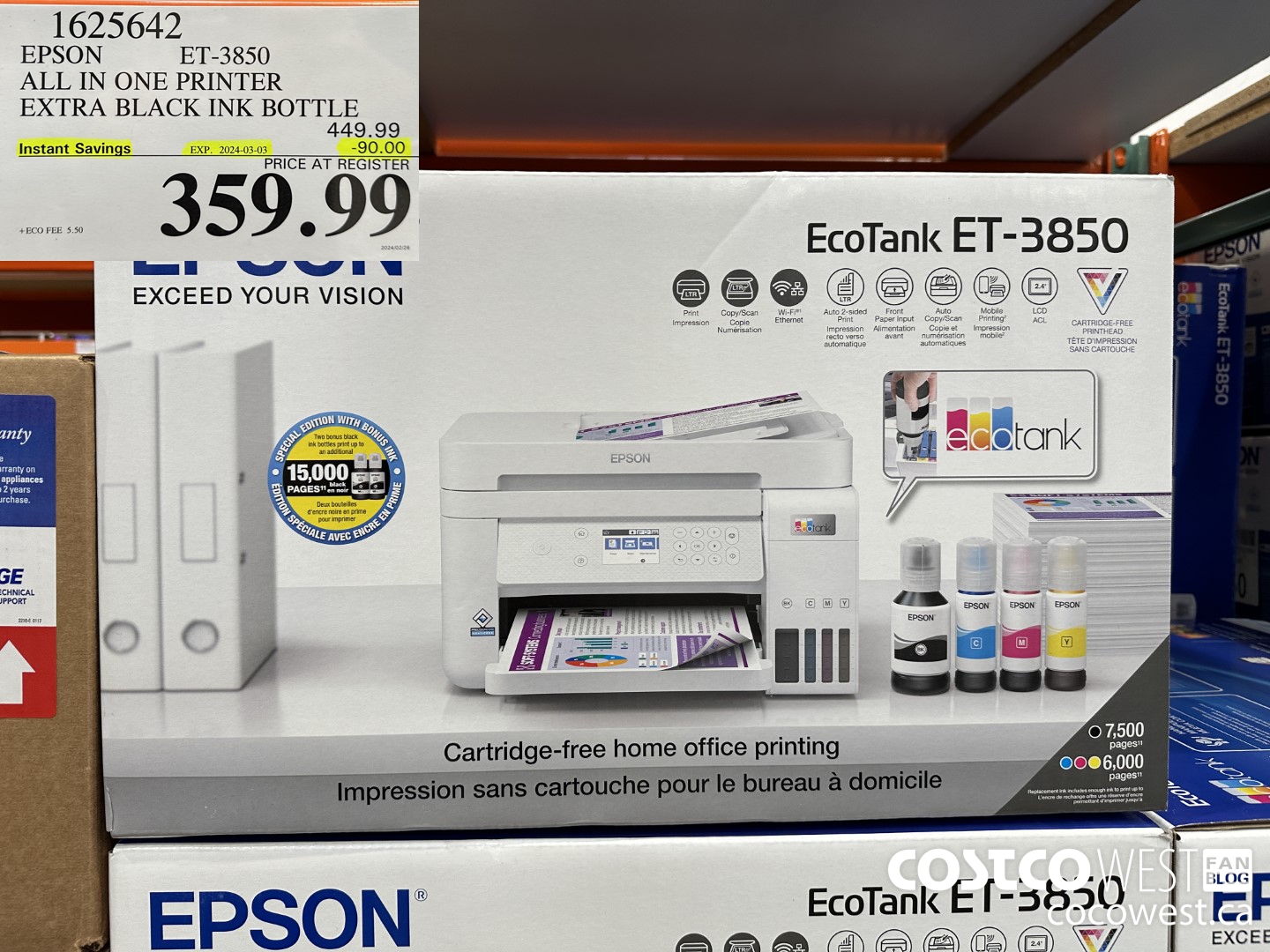 1625642 EPSON ET-3850 ALL IN ONE PRINTER EXTRA BLACK INK BOTTLE ($90.00 INSTANT SAVINGS EXPIRES ON 2024-03-03) $359.99
