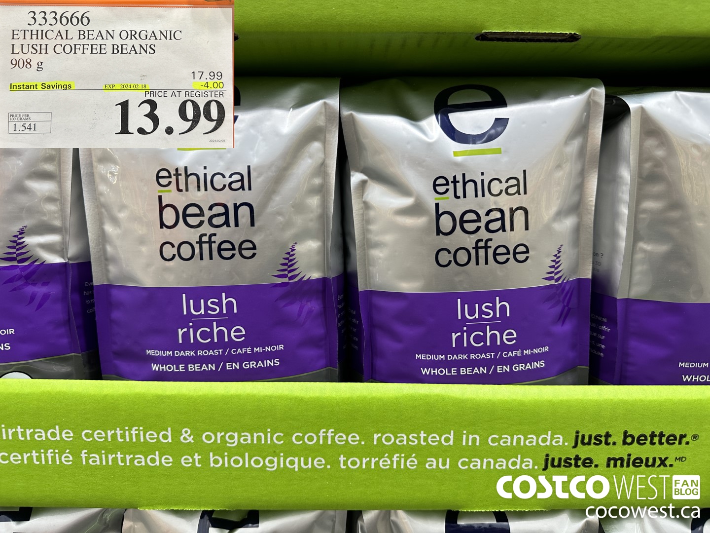 333666 ETHICAL BEAN ORGANIC LUSH COFFEE BEANS 908 g ($4.00 INSTANT SAVINGS EXPIRES ON 2024-02-18) $13.99