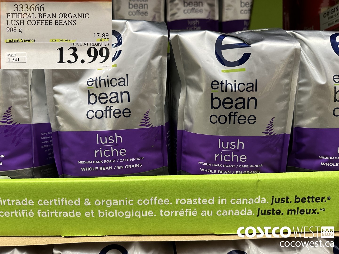 333666 ETHICAL BEAN ORGANIC LUSH COFFEE BEANS 908 g ($4.00 INSTANT SAVINGS EXPIRES ON 2024-02-18) $13.99