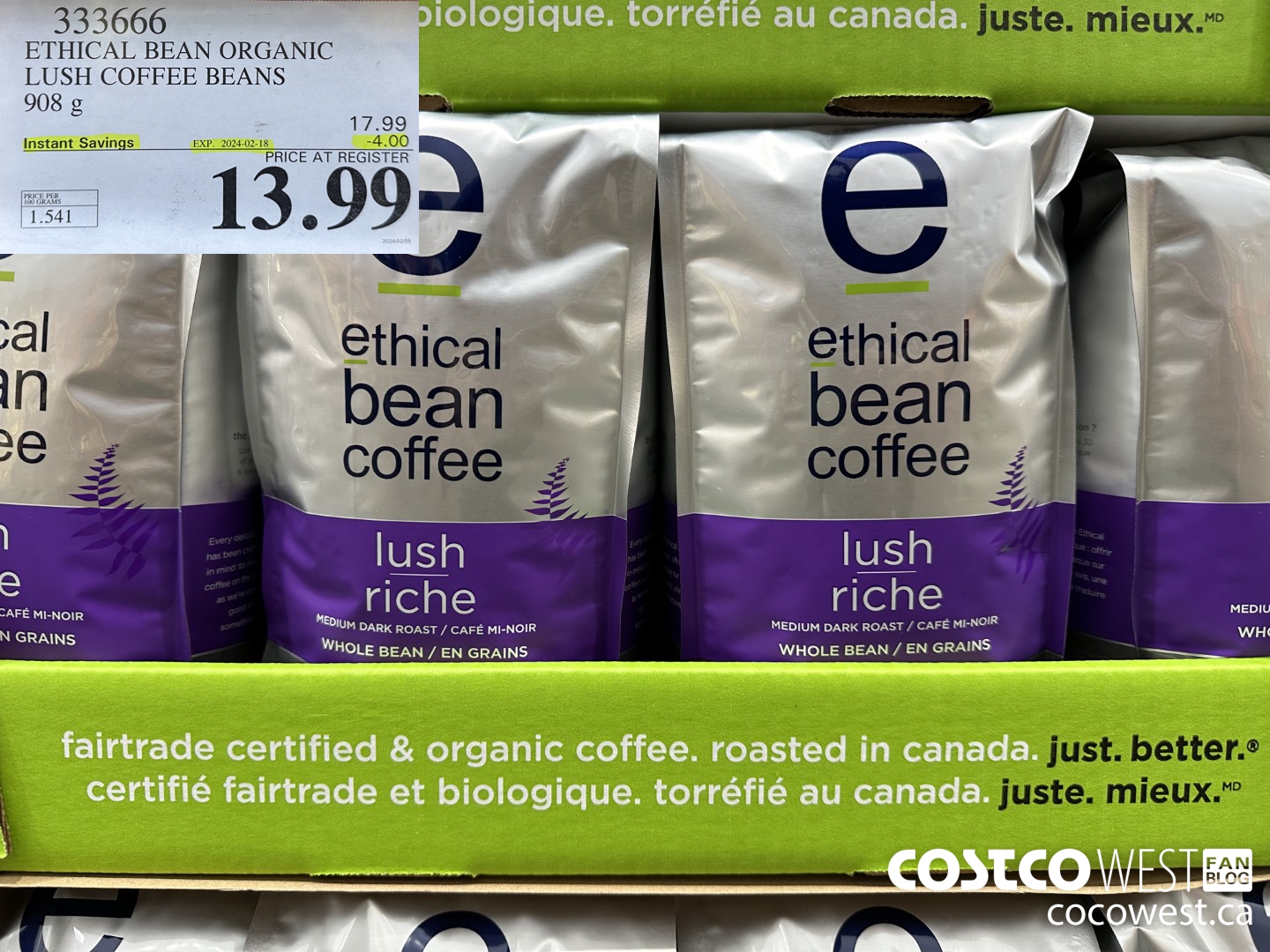 333666 ETHICAL BEAN ORGANIC LUSH COFFEE BEANS 908 g ($4.00 INSTANT SAVINGS EXPIRES ON 2024-02-18) $13.99