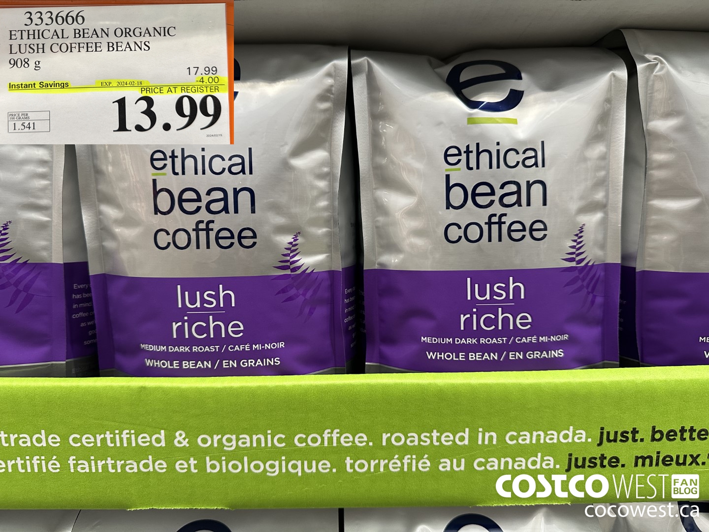333666 ETHICAL BEAN ORGANIC LUSH COFFEE BEANS 908 g ($4.00 INSTANT SAVINGS EXPIRES ON 2024-02-18) $13.99