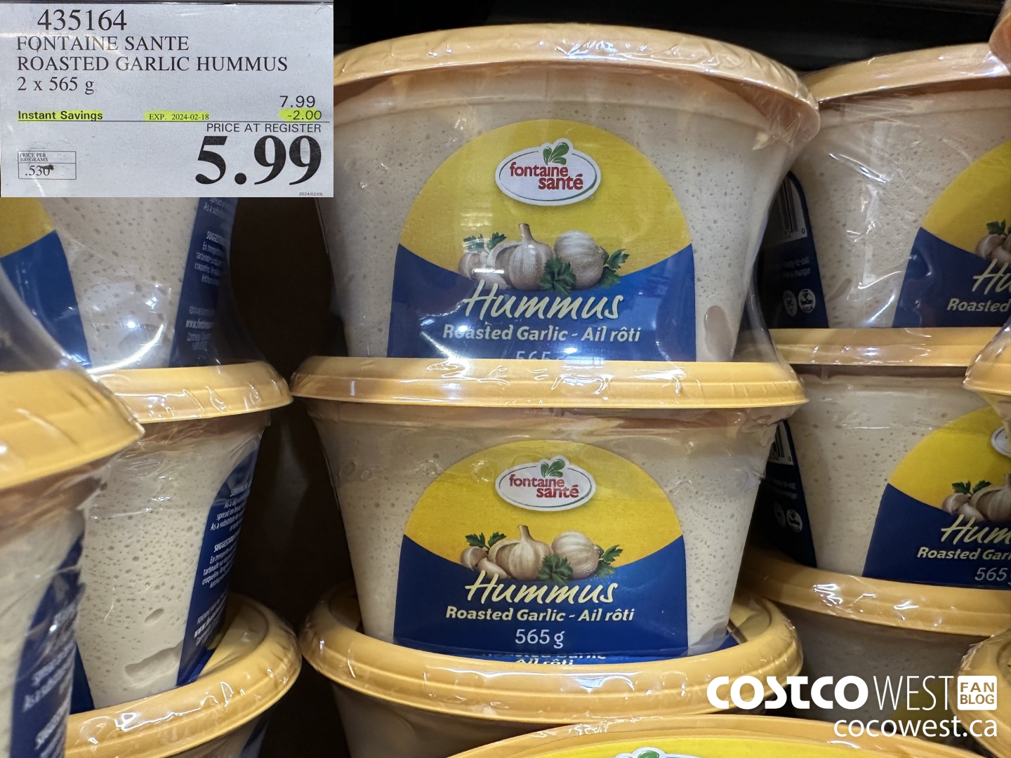 435164 FONTAINE SANTE ROASTED GARLIC HUMMUS 2 x 565 g ($2.00 INSTANT SAVINGS EXPIRES ON 2024-02-18) $5.99