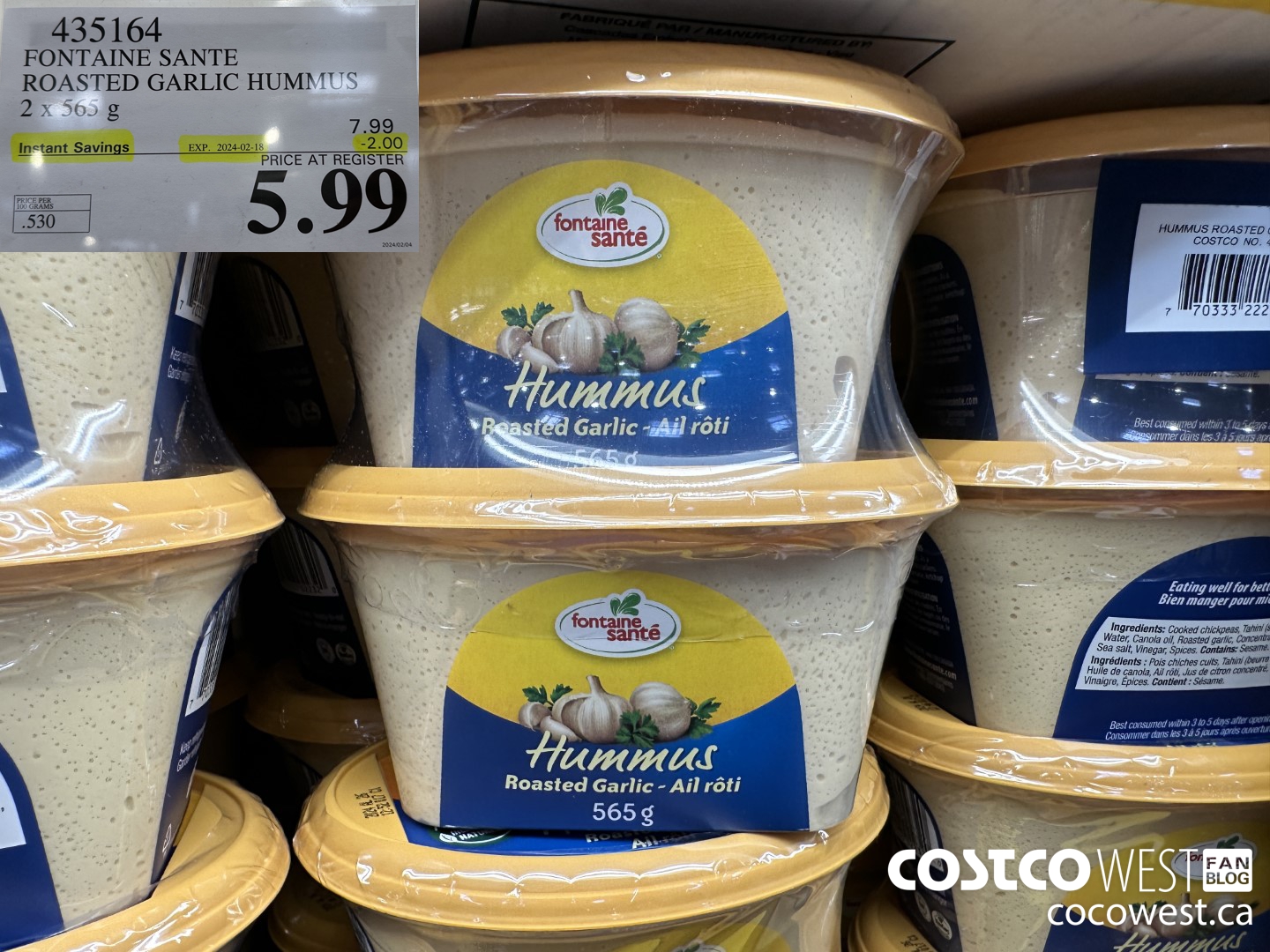 435164 FONTAINE SANTE ROASTED GARLIC HUMMUS 2 x 565 g ($2.00 INSTANT SAVINGS EXPIRES ON 2024-02-18) $5.99