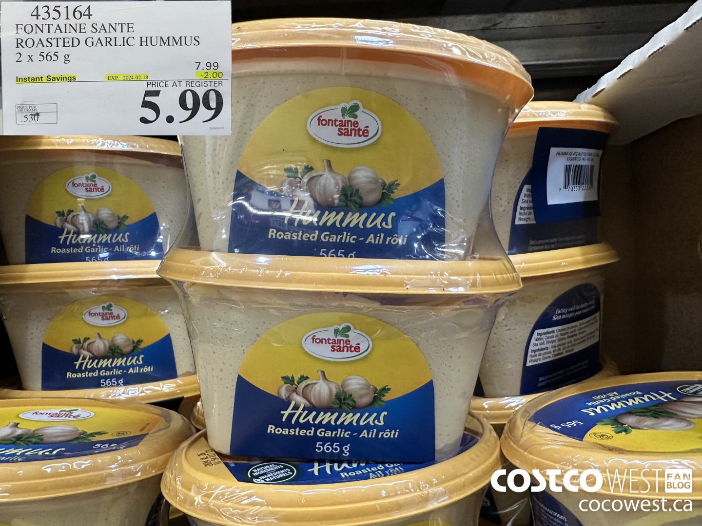 435164 FONTAINE SANTE ROASTED GARLIC HUMMUS 2 x 565 g ($2.00 INSTANT SAVINGS EXPIRES ON 2024-02-18) $5.99