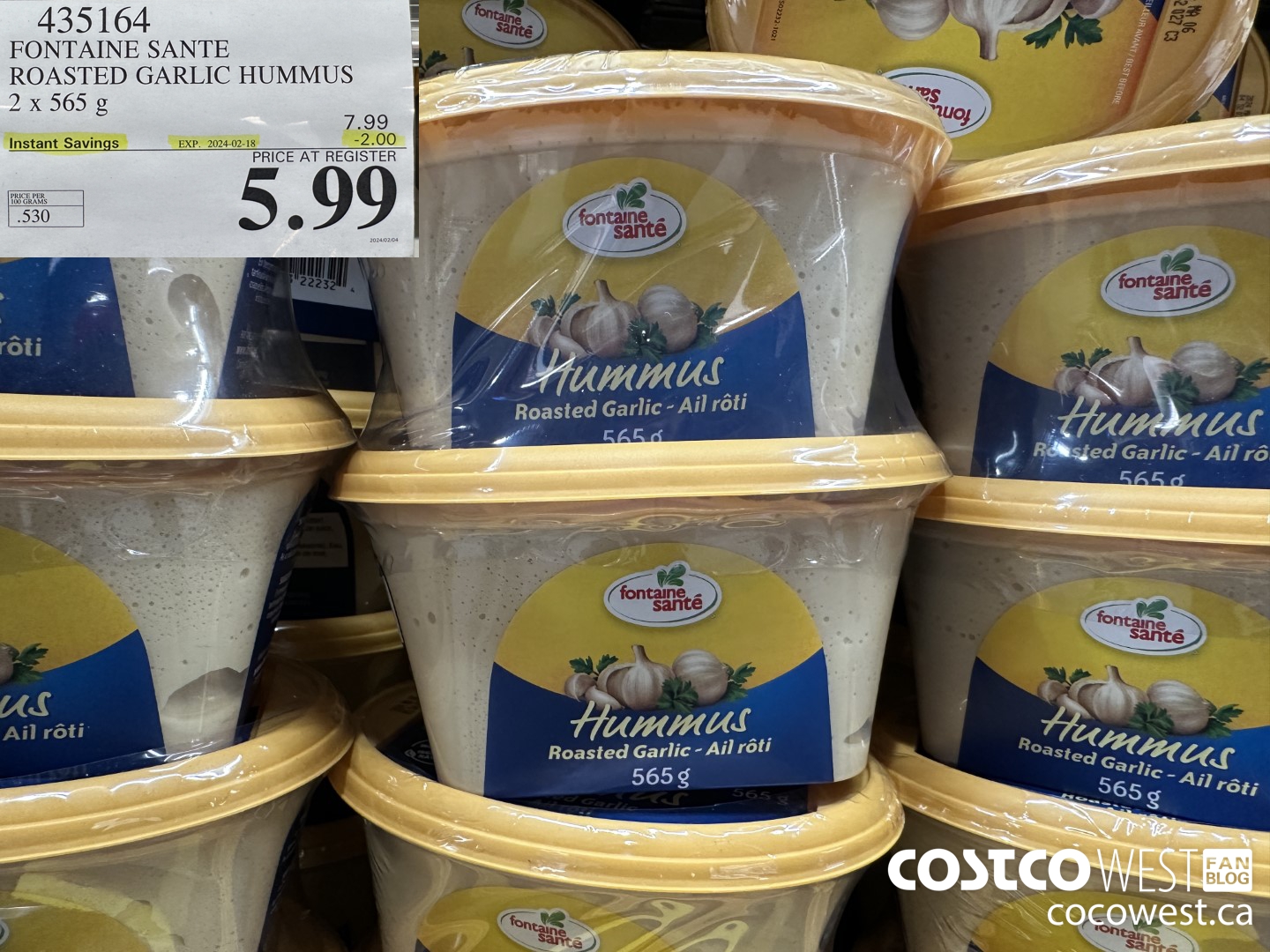 435164 FONTAINE SANTE ROASTED GARLIC HUMMUS 2 x 565 g ($2.00 INSTANT SAVINGS EXPIRES ON 2024-02-18) $5.99