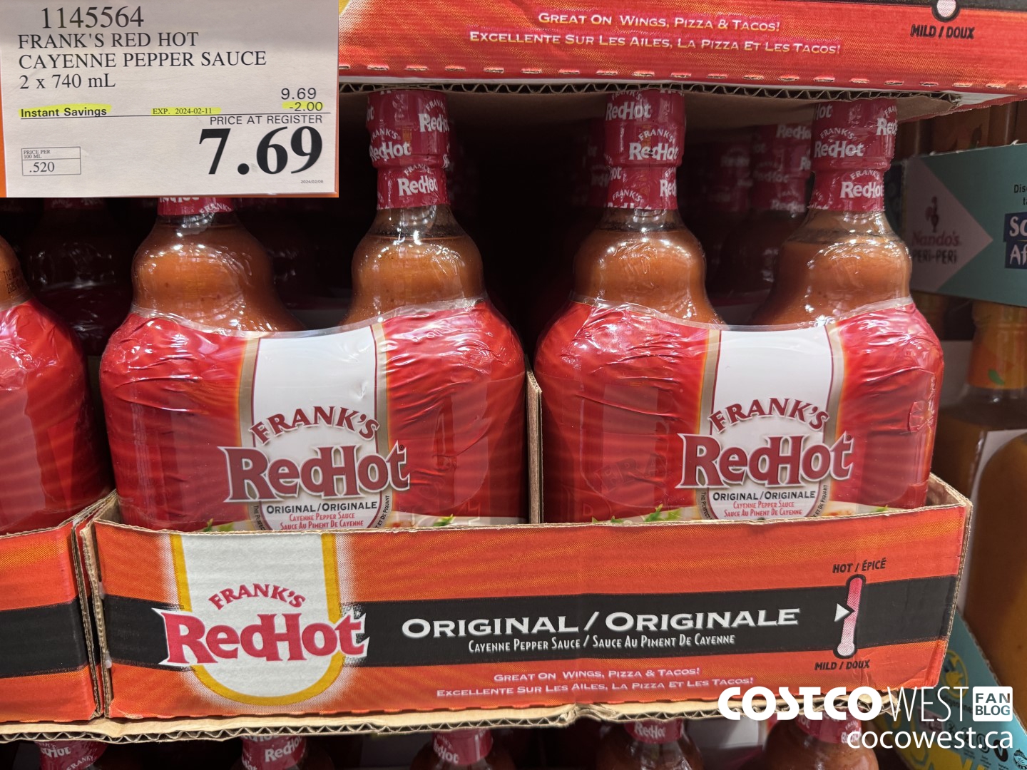 1145564 FRANKS RED HOT CAYENNE PEPPER SAUCE 2 x 740 mL ($2.00 INSTANT SAVINGS EXPIRES ON 2024-02-11) $7.69