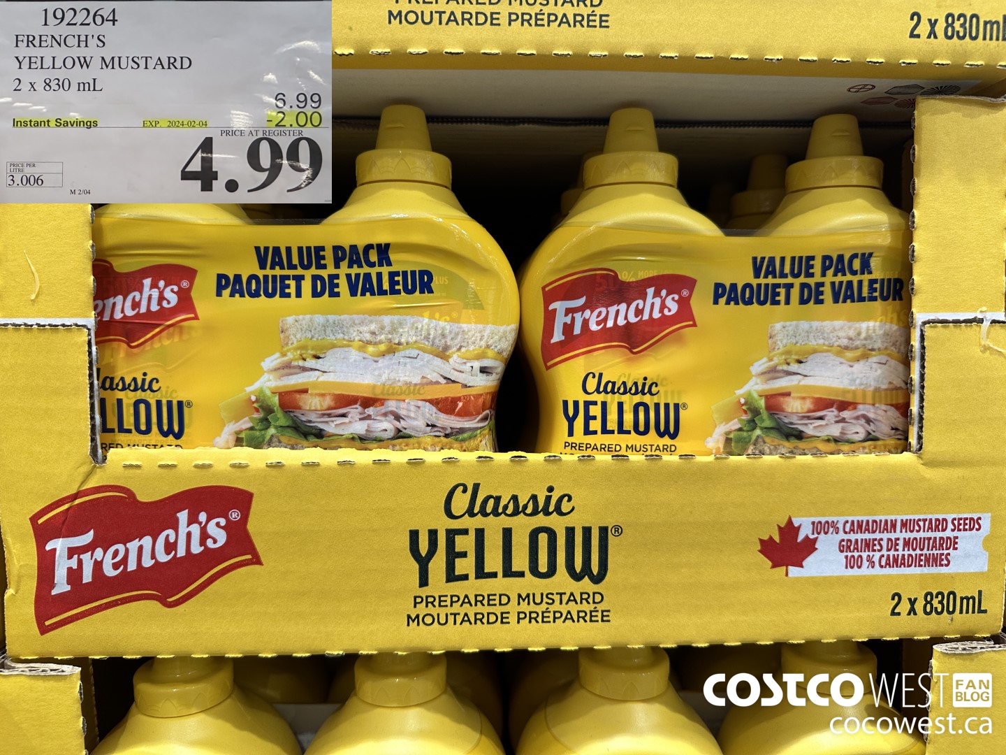 192264 FRENCH'S YELLOW MUSTARD 2 x 830 mL ($2.00 INSTANT SAVINGS EXPIRES ON 2024-02-04) $4.99