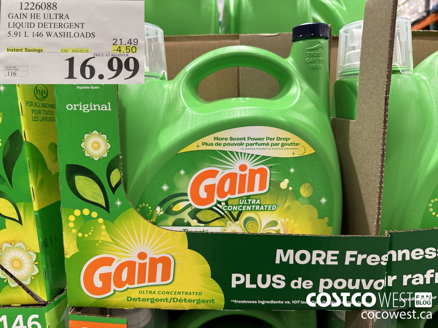 1226088 GAIN HE ULTRA LIQUID DETERGENT 5.91 L 146 WASHLOADS ($4.50 INSTANT SAVINGS EXPIRES ON 2024-02-25) $16.99