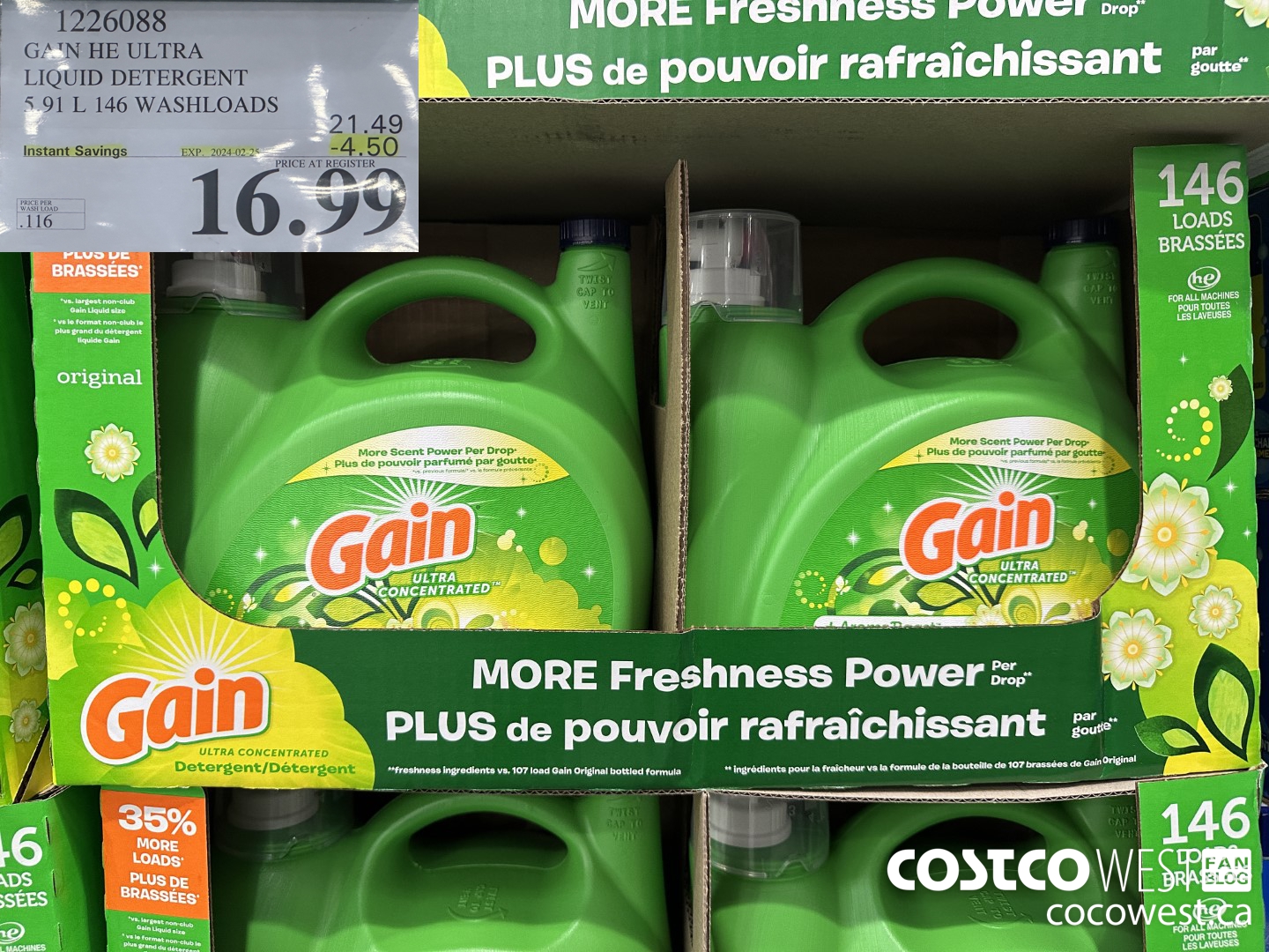 1226088 GAIN HE ULTRA LIQUID DETERGENT 5.91 L 146 WASHLOADS ($4.50 INSTANT SAVINGS EXPIRES ON 2024-02-25) $16.99