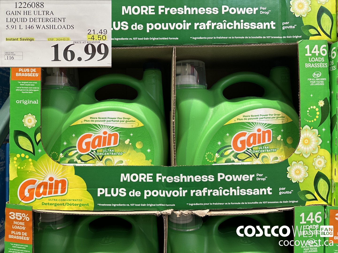 1226088 GAIN HE ULTRA LIQUID DETERGENT 5.91 L 146 WASHLOADS ($4.50 INSTANT SAVINGS EXPIRES ON 2024-02-25) $16.99
