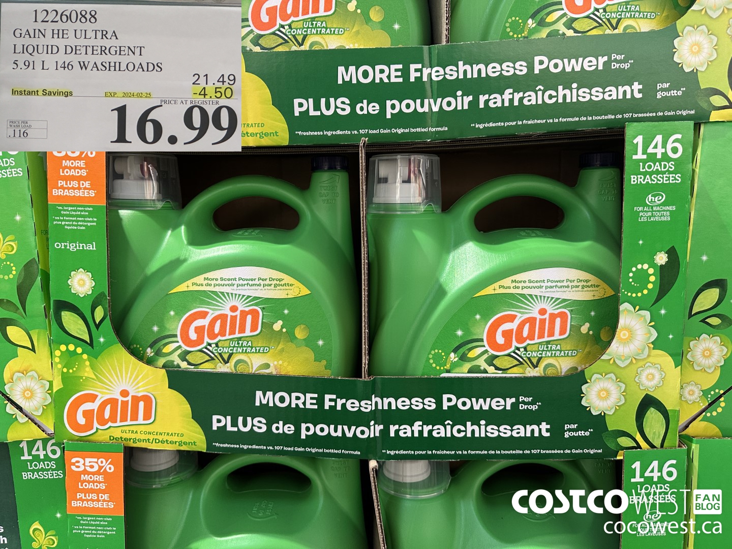 1226088 GAIN HE ULTRA LIQUID DETERGENT 5.91 L 146 WASHLOADS ($4.50 INSTANT SAVINGS EXPIRES ON 2024-02-25) $16.99