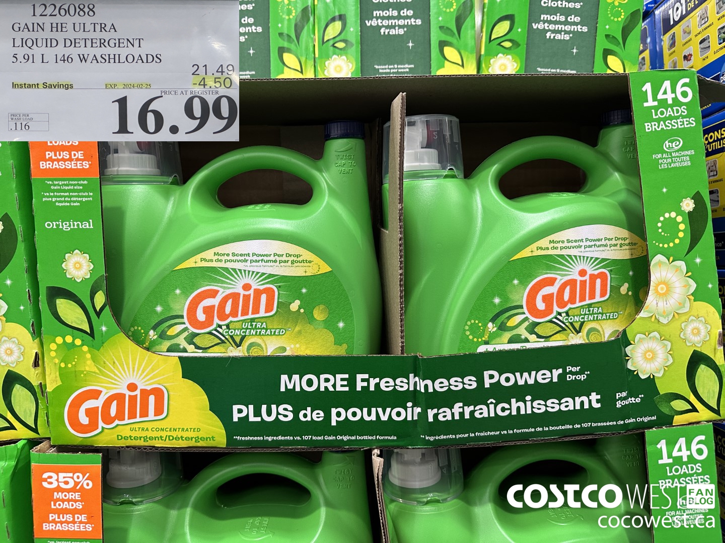 1226088 GAIN HE ULTRA LIQUID DETERGENT 5.91 L 146 WASHLOADS ($4.50 INSTANT SAVINGS EXPIRES ON 2024-02-25) $16.99