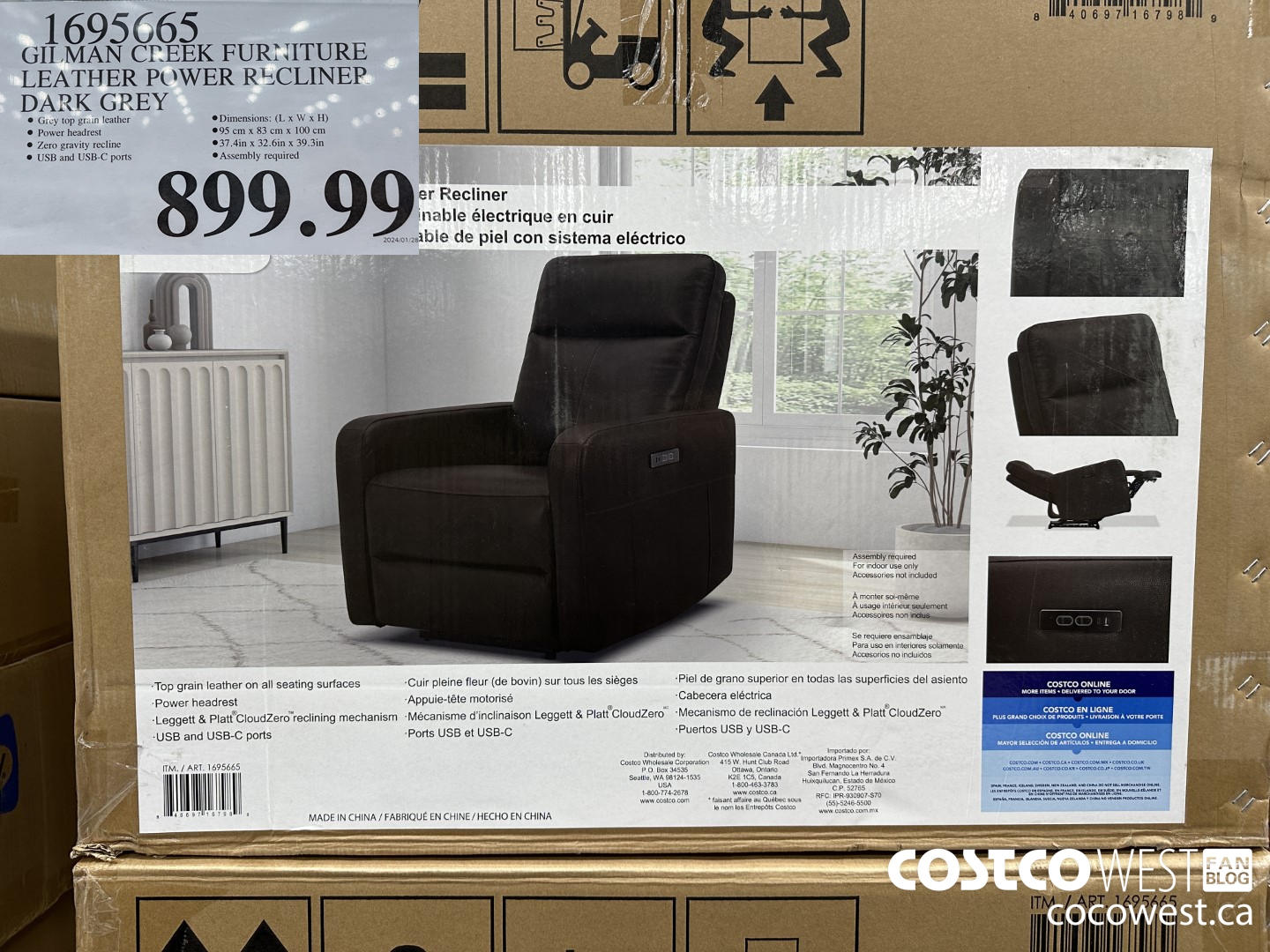 1695665 GILMAN CREEK FURNITURE LEATHER POWER RECLINER DARK GREY $899.99
