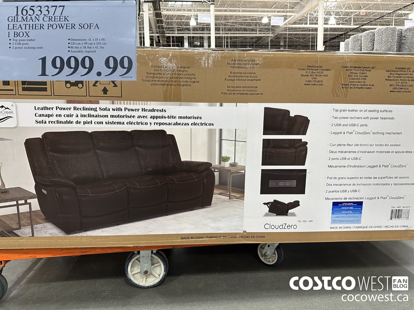 1653377 GILMAN CREEK LEATHER POWER SOFA 1 BOX $1999.99
