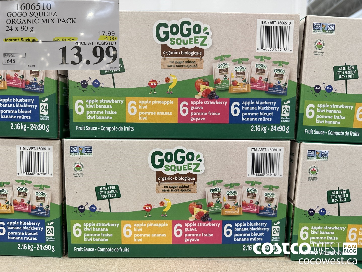 1606510 GOGO SQUEEZ ORGANIC MIX PACK 24 X 90 G ($4.00 INSTANT SAVINGS EXPIRES ON 2024-02-04) $13.99