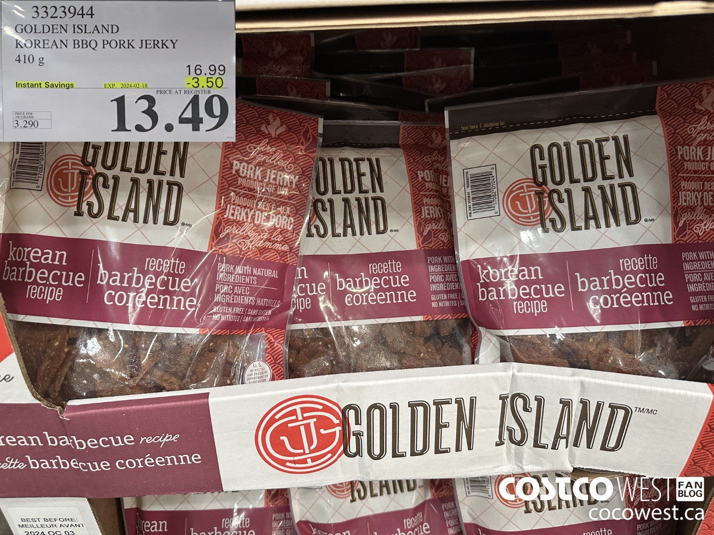 3323944 GOLDEN ISLAND KOREAN BBQ PORK JERKY 410G ($3.50 INSTANT SAVINGS EXPIRES ON 2024-02-18) $13.49