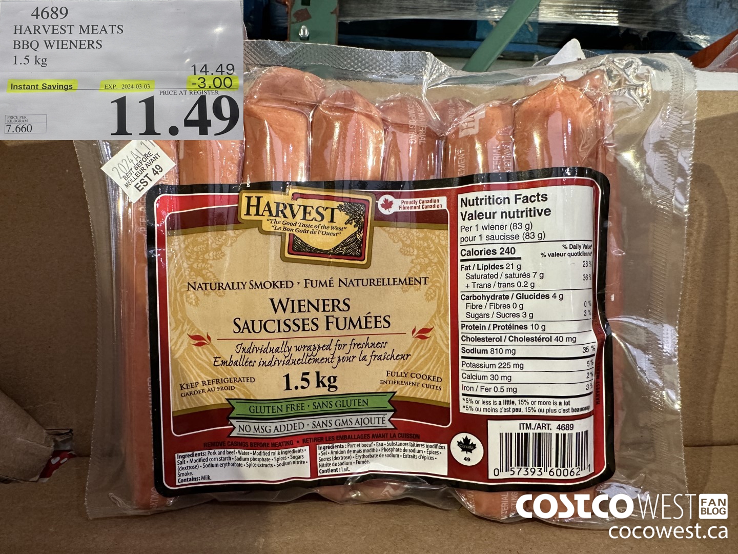 4689 HARVEST MEATS BBQ WIENERS 1.5 KG ($3.00 INSTANT SAVINGS EXPIRES ON 2024-03-03) $11.49
