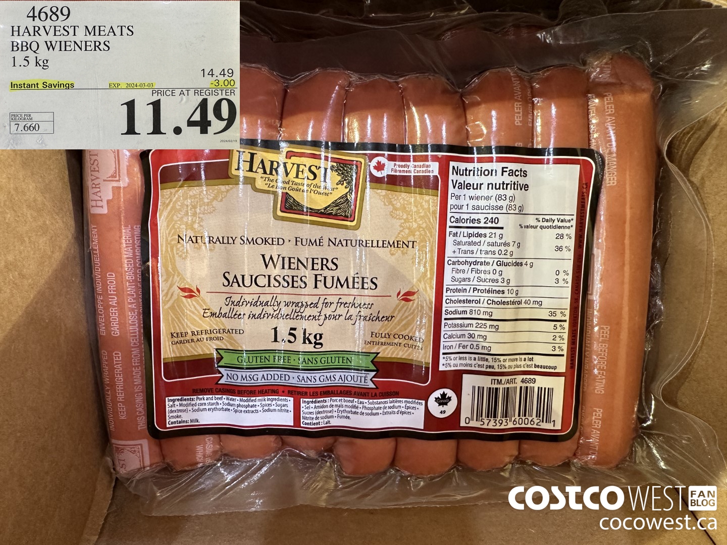 4689 HARVEST MEATS BBQ WIENERS 1.5 KG ($3.00 INSTANT SAVINGS EXPIRES ON 2024-03-03) $11.49